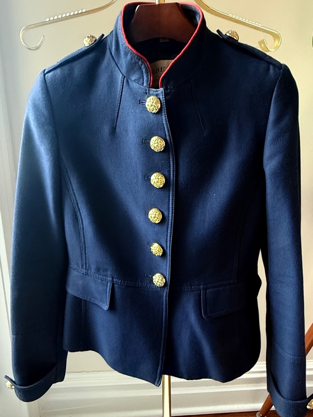 Burberry Navy Wool Military Blazer with Gold Buttons and Red Trim
